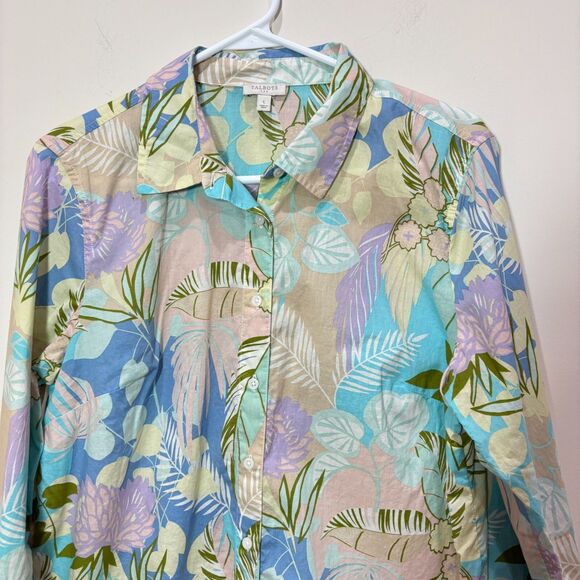 Talbots Green Blue Floral Button Up Top Women L Cotton Lightweight Tropical - Picture 2 of 8